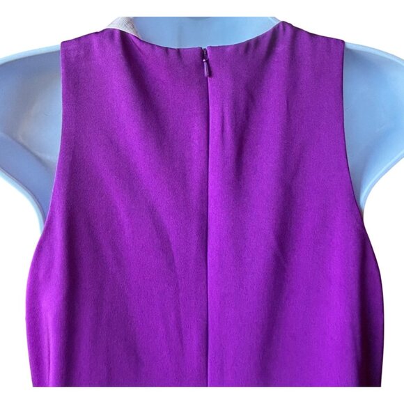 Mac Duggal Ieena Feathered Hem High Neck Sleeveless A-Line Dress Purple Satin 6 - Picture 8 of 13